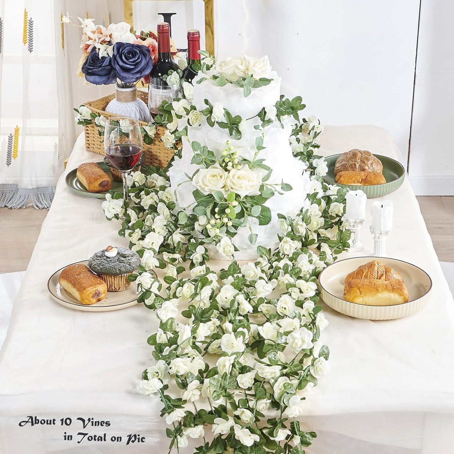 8 Pcs x 8.2 ft Flower Garland Artificial Rose Vine Flowers with Green Leaves Hanging Fake Roses Vine for Room Party Home Wedding Birthday Christmas Wall Arch Decor, Spring White Flower