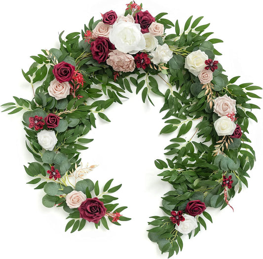 Ling's Moment Flower Garland - 6FT Eucalyptus & Rose - Sweetheart Table Decor for Wedding Reception, Artificial Floral Garland for Mantle, Thanksgiving, Christmas Decoration, Marsala