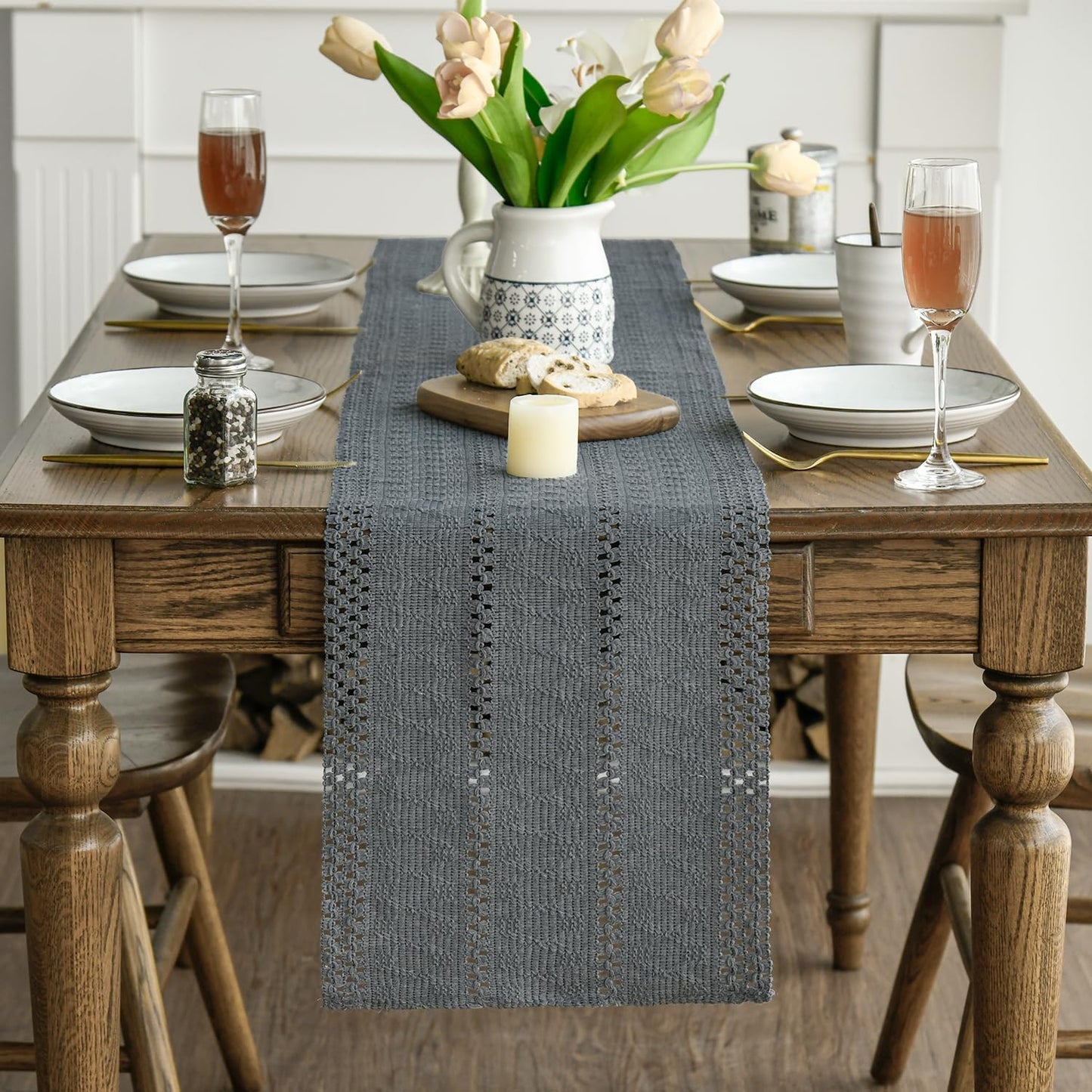 Artoid Mode Dark Grey Farmhouse Woven Rustic Hollow Table Runner, Seasonal Holiday Hollow Kitchen Dining Table Decoration for Home Party Decor 12x60 Inch