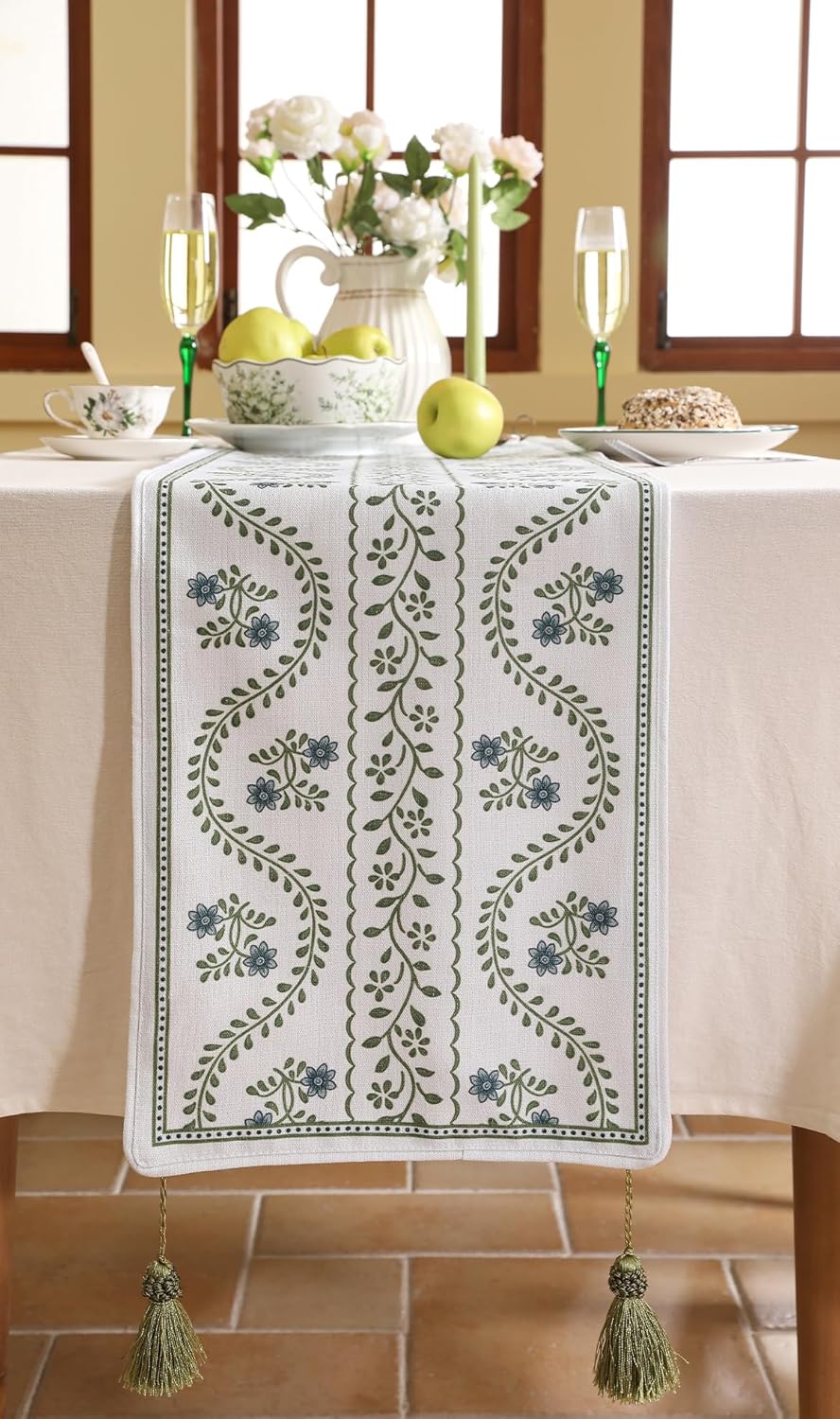 ISAENNE Designer White Elegant Linen Extra Long Table Runner 118 Inches,Chinoiserie Floral Decor Durable Table Runners for Dining Tables,Thanksgiving,Kitchen Tables,Christmas,12"*118"-Mosella D