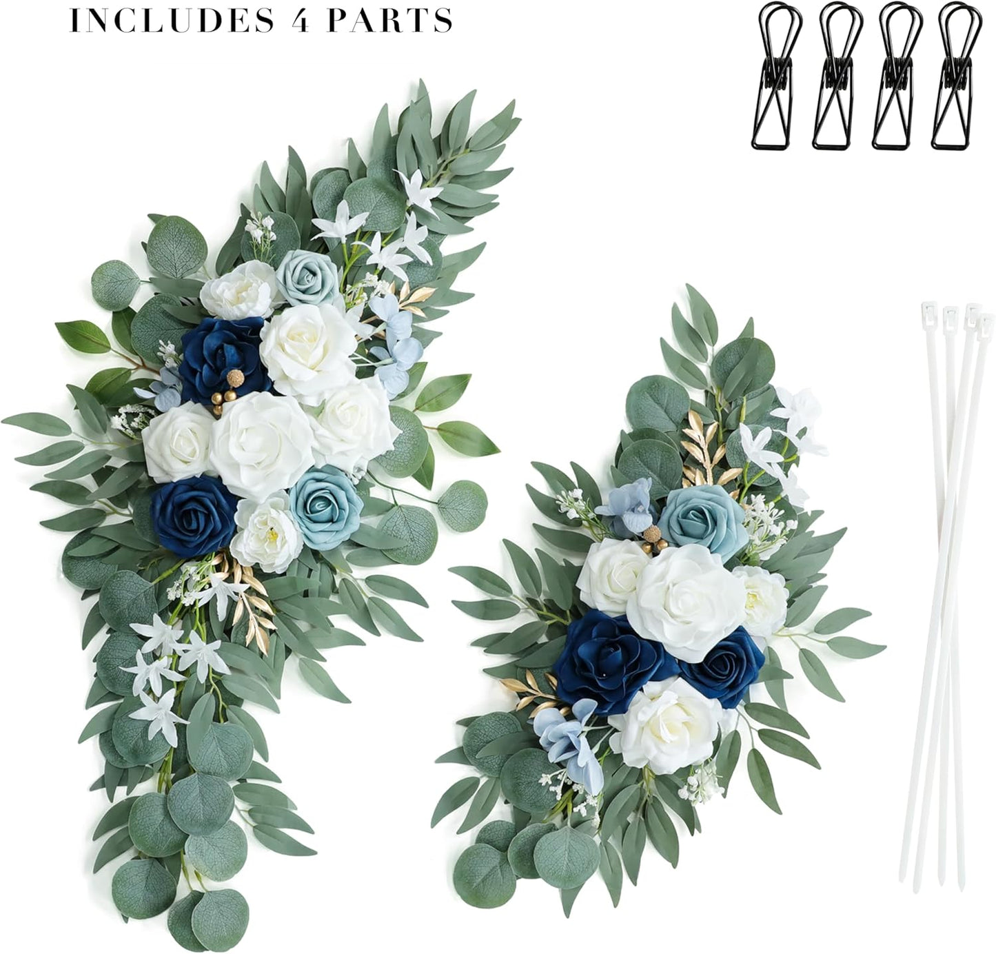 Artificial Dusty Blue Wedding Arch Flower Swags Set of 2 for Welcome Signs Floral and Wedding Reception Ceremony Decorations, White Flowers Decor