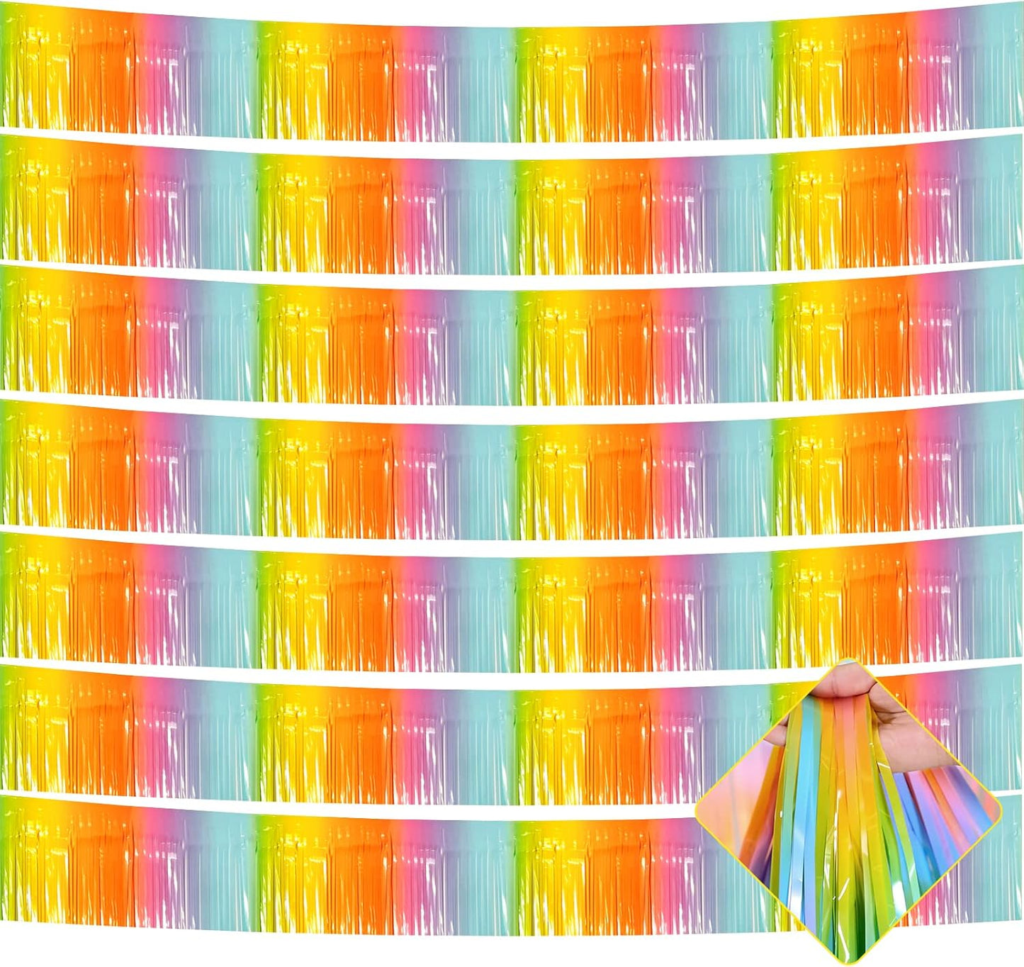 10 Pack 10 Feet Foil Fringe Garland Metallic Tinsel Streamers Banner Wall Hanging Curtain Backdrop for Parade Floats, Bachelorette, Wedding, Birthday, Easter, Carnival Party Decorations(Rainbow)