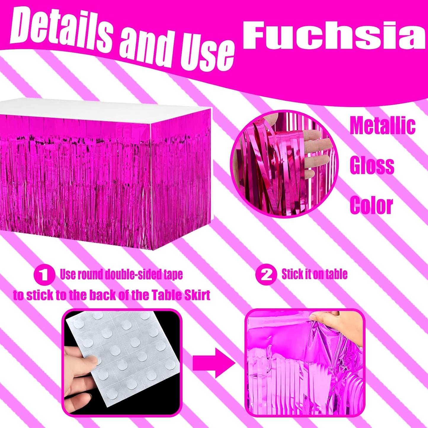 4 Pack 29x108 Inch Metallic Foil Fringe Tinsel Table Skirts for Rectangle Tables Streamer Curtains Backdrop for Christmas, Birthday, Parade Floats, Halloween Day Party Supplies(Fuchsia)