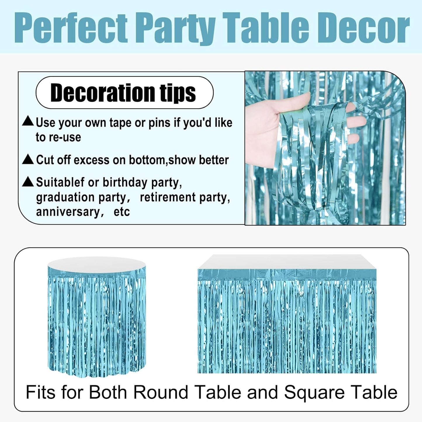 3 Pack 29x108 Inch Light Blue Foil Fringe Table Skirts Metallic Banner for Tinsel Streamer Garland Backdrop for Parade Floats Wedding Thanksgiving Birthday Christmas Halloween Party Decoration