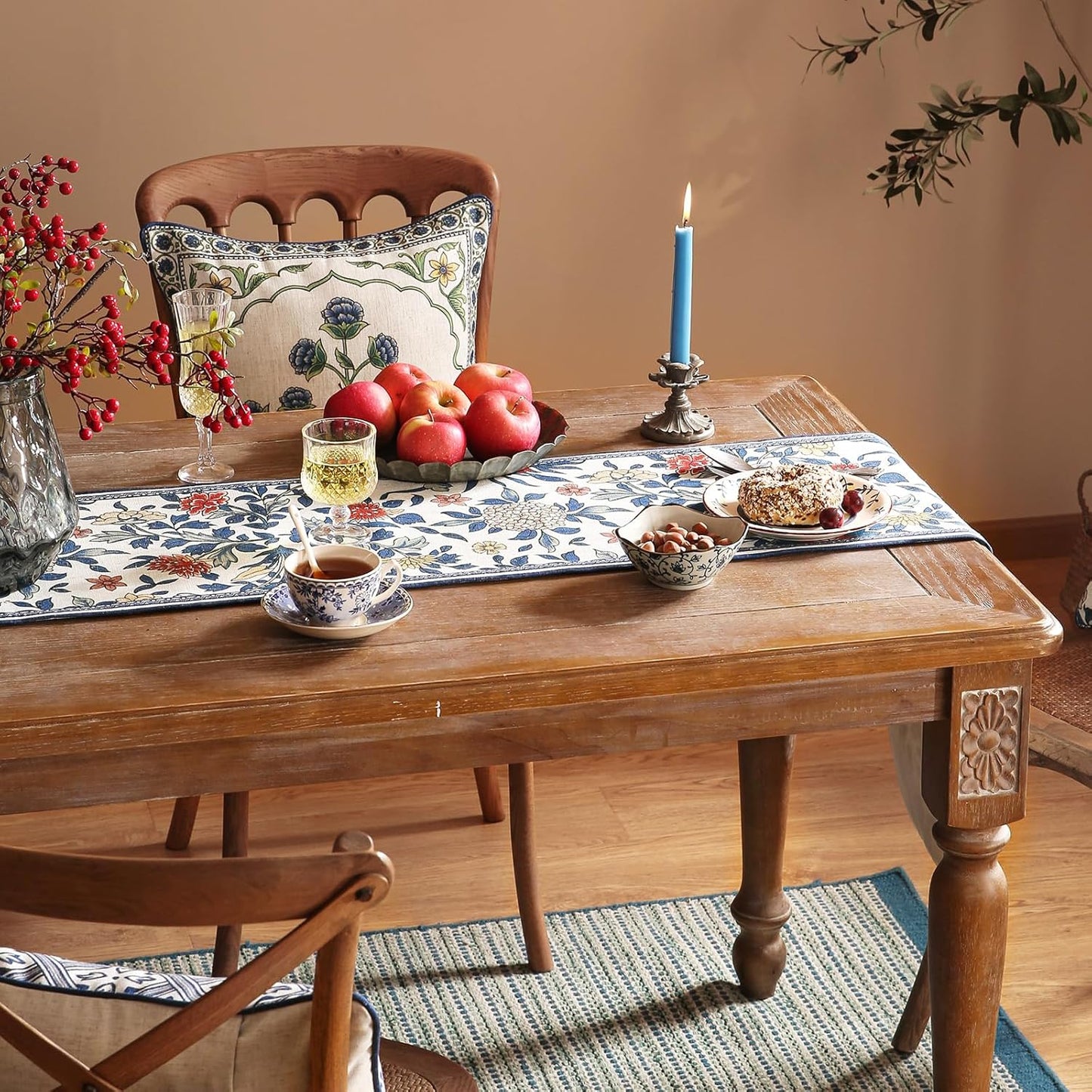 patdrea Designer Blue Cottage Rustic Floral Patterned Extra Long,Wrinkle Resistant Linen Table Runner 118 Inch Long,Decoration for Kitchen Dining and Coffee Tables Banquet Christmas , 12"x118"