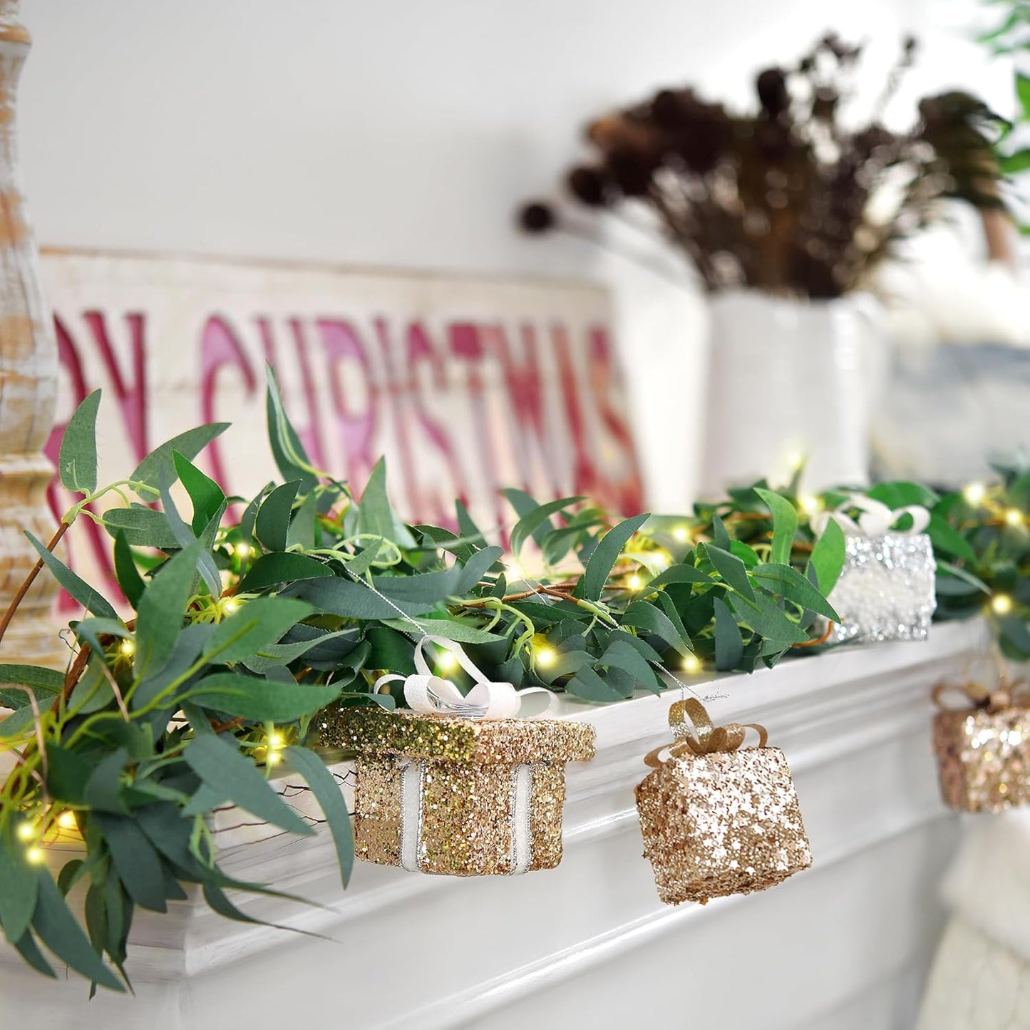 Artificial Willow Garland with Lights & Ornaments – 2-Pack Lighted Greenery Vine, USB Fairy Lights with Remote & Timer for Mantels, Weddings, Fireplace, Holidays, Parties & Everyday Home Decor