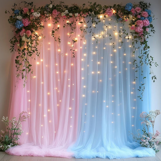 10x10ft Pink Blue Tulle Backdrop Curtain with String Lights, Wrinkle-Free Sheer Wedding Backdrop for Birthday Parties, Baby Showers, Bridal Showers, Photo Shoots and Home Decor, Pink Blue