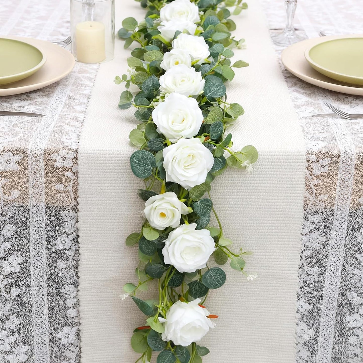 6FT Artificial Eucalyptus Garland with 14 Fake White Rose Flowers - Floral Greenery Decoration Vine for Wedding Centerpieces, Table Runner, Backdrop, Arch Wall Decor,Indoor/Outdoor (1 PCS)