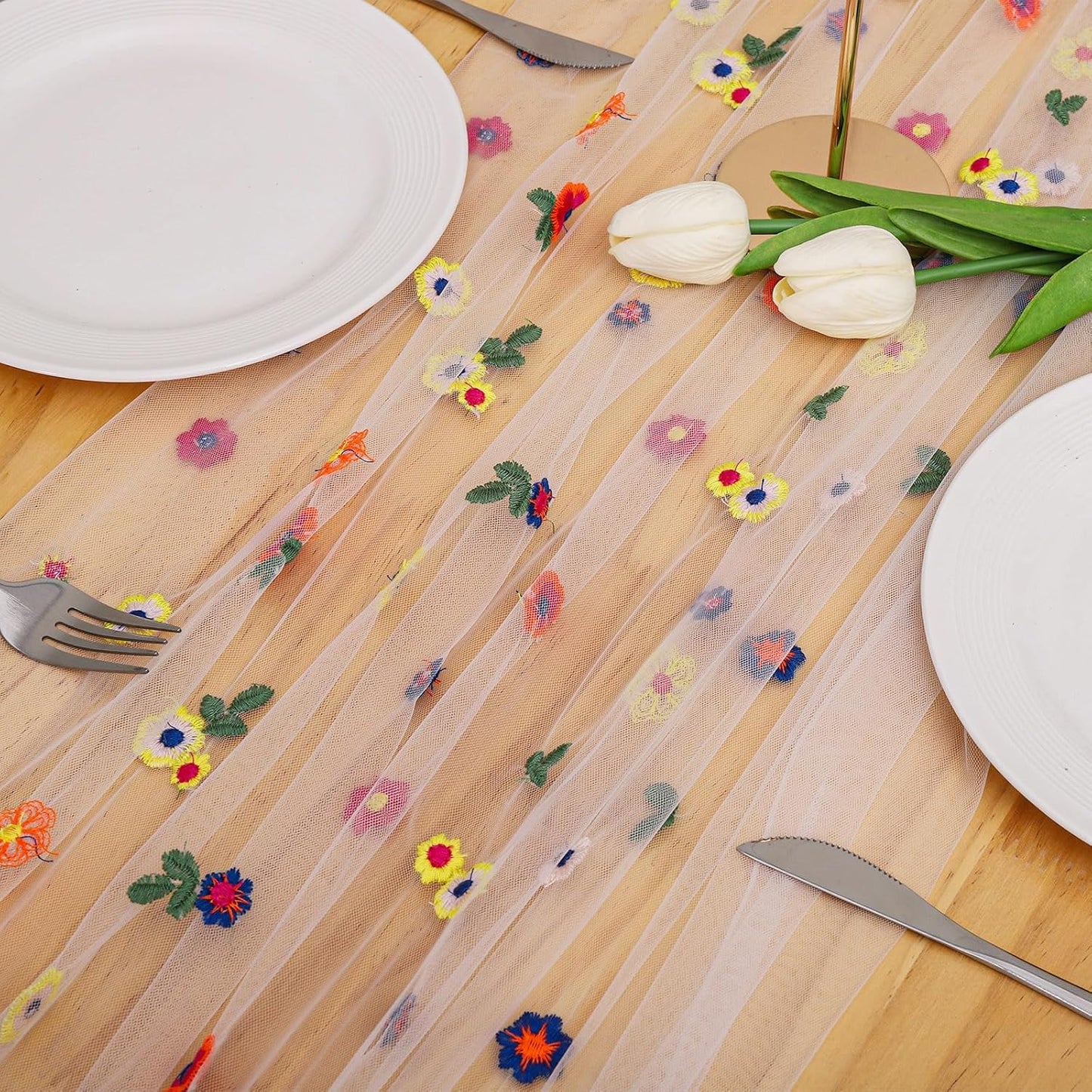 BINBE 1pcs Ivory Daisy Fall Table Runner Embroidery Gauze 10FT Florals Seasonal Tulle Holiday Birthday Kitchen Dining Table Decor for Home Party