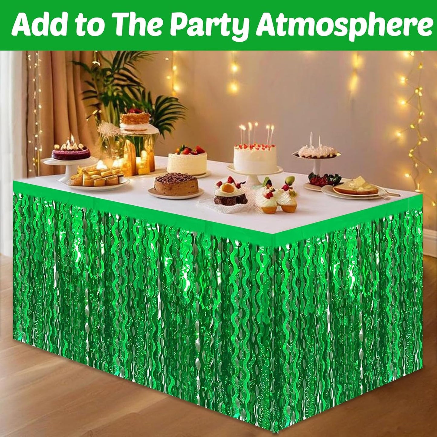 6 Pack 29x108 Inch Green Wave Foil Fringe Table Skirts Metallic Banner for Tinsel Streamer Garland Backdrop for Parade Floats Mother's, Graduate, Mardi Gras, Birthday, Wedding Party Decorations