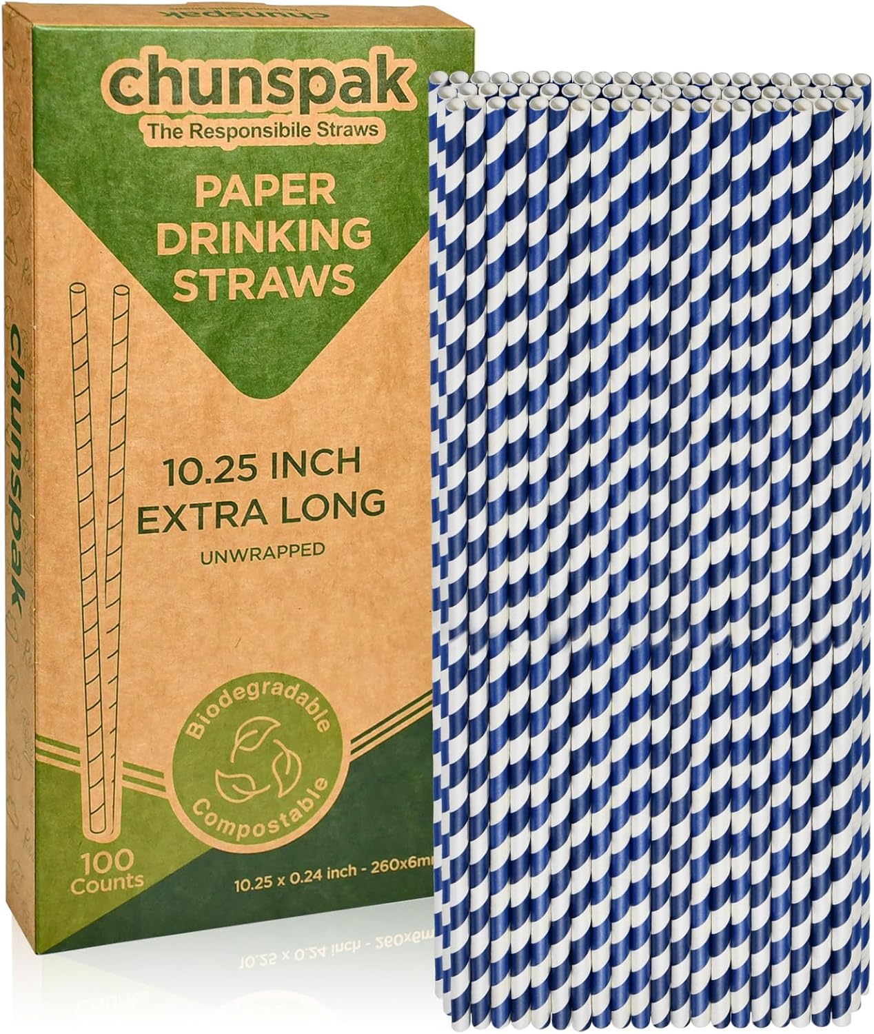 10 Inch Long Disposable Drinking Straws Paper - Navy Blue Striped, 100 Counts - 100% Biodegradable