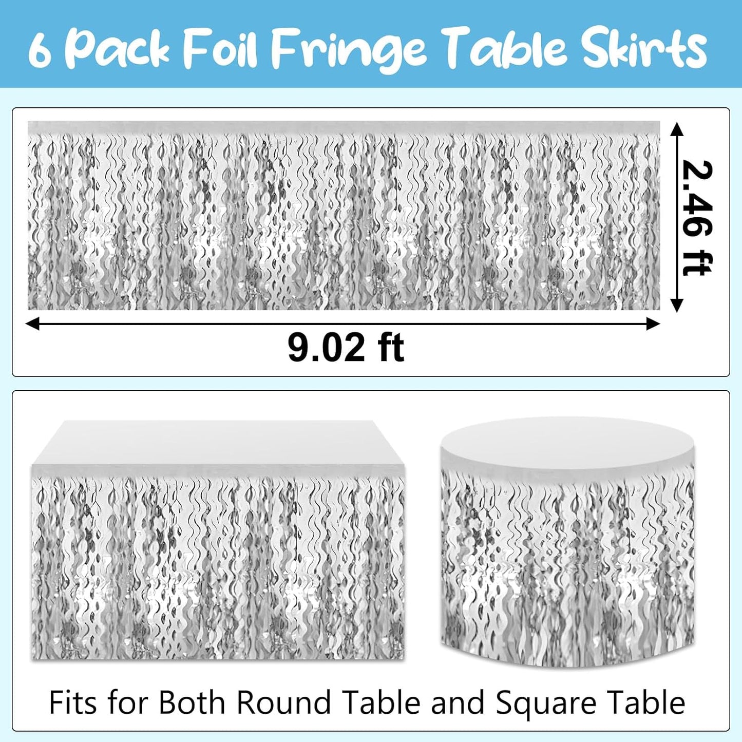 6 Pack 29 x108 Inch Silver Wave Foil Fringe Table Skirts Metallic Banner for Tinsel Streamer Garland Backdrop for Parade Floats, Mother's Day, Easter, Wedding, Birthday Party Decoration