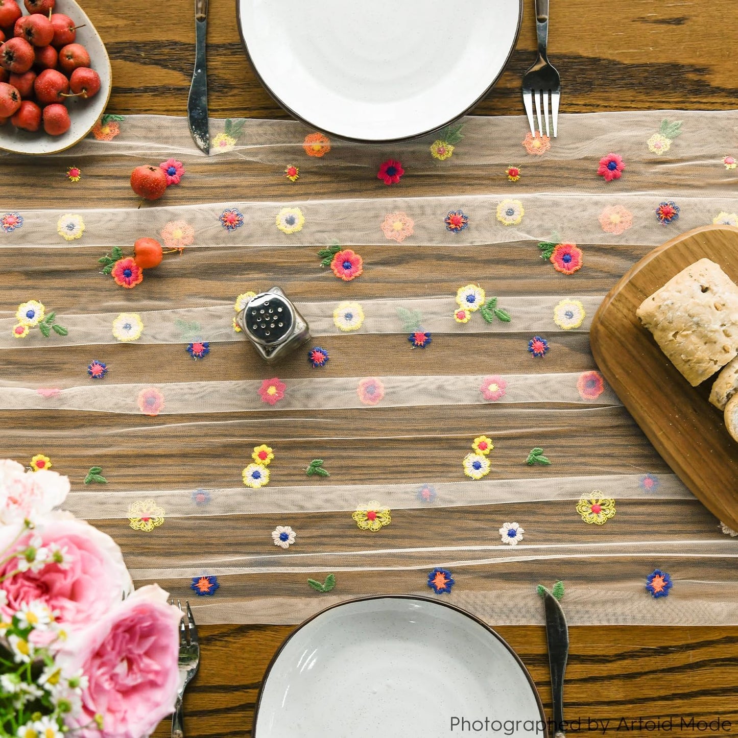 Artoid Mode 3PCS Champagne Embroidery Daisy Gauze Table Runner 120 Inch 10FT, Seasonal Sheer Kitchen Dining Holiday Wedding Birthday Table Decor for Home Party