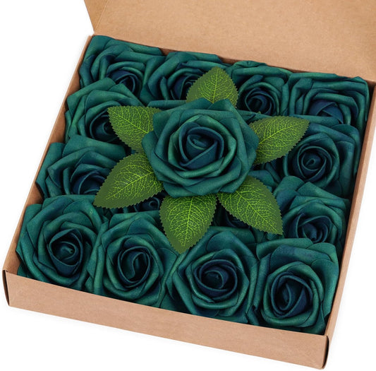 BLEUM CADE 16Pcs Artificial Flowers Fake Roses with Stems, Army Green Boxed Foam Roses for DIY Bouquets Centerpieces Wedding Party Arrangement Bridal Shower Decor