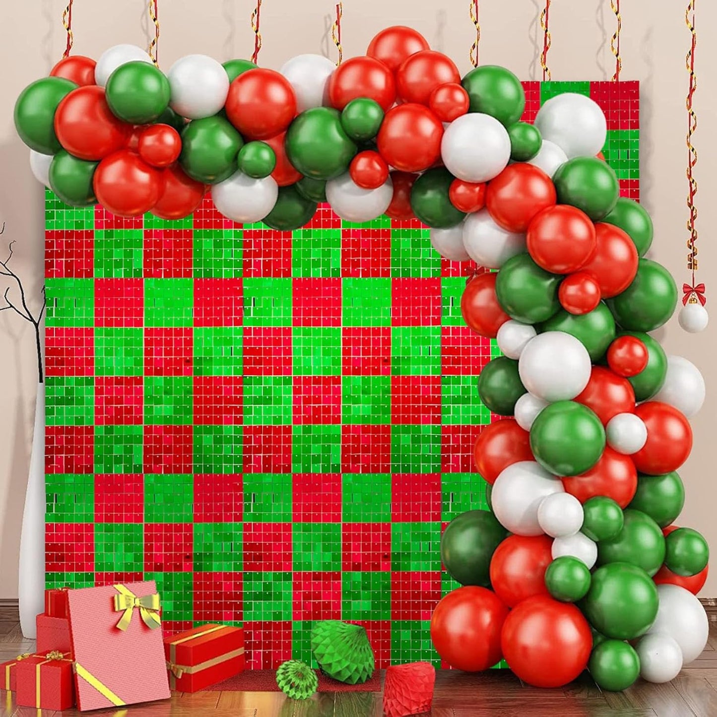 12PCS Red Green Shimmer Wall Backdrop, Laser Square Sequin Photo Backdrops Panel, Glitter Wall Background for Birthdays, Weddings, Christmas, Engagements, Disco Bachelorette Party Decor (3FTx4FT)