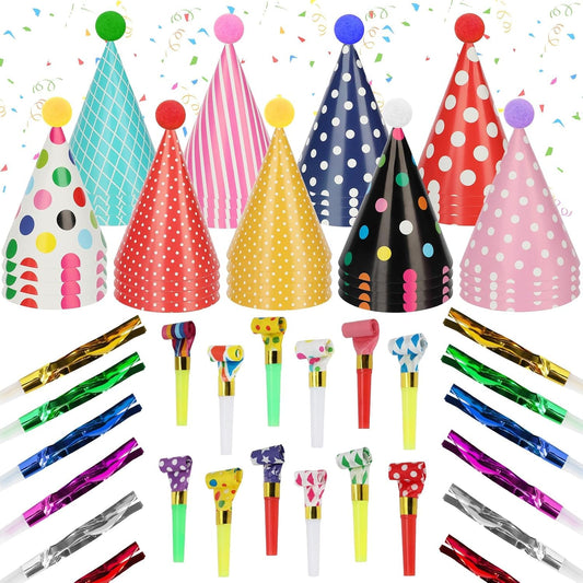 116 PCS Birthday Party Cone Hats Assorted Colors Cone Paper Hat with Colorful Blowers and Metallic Fringed Noise Makers Blowouts for Kids Adults Birthday Baby Shower Party Supplies