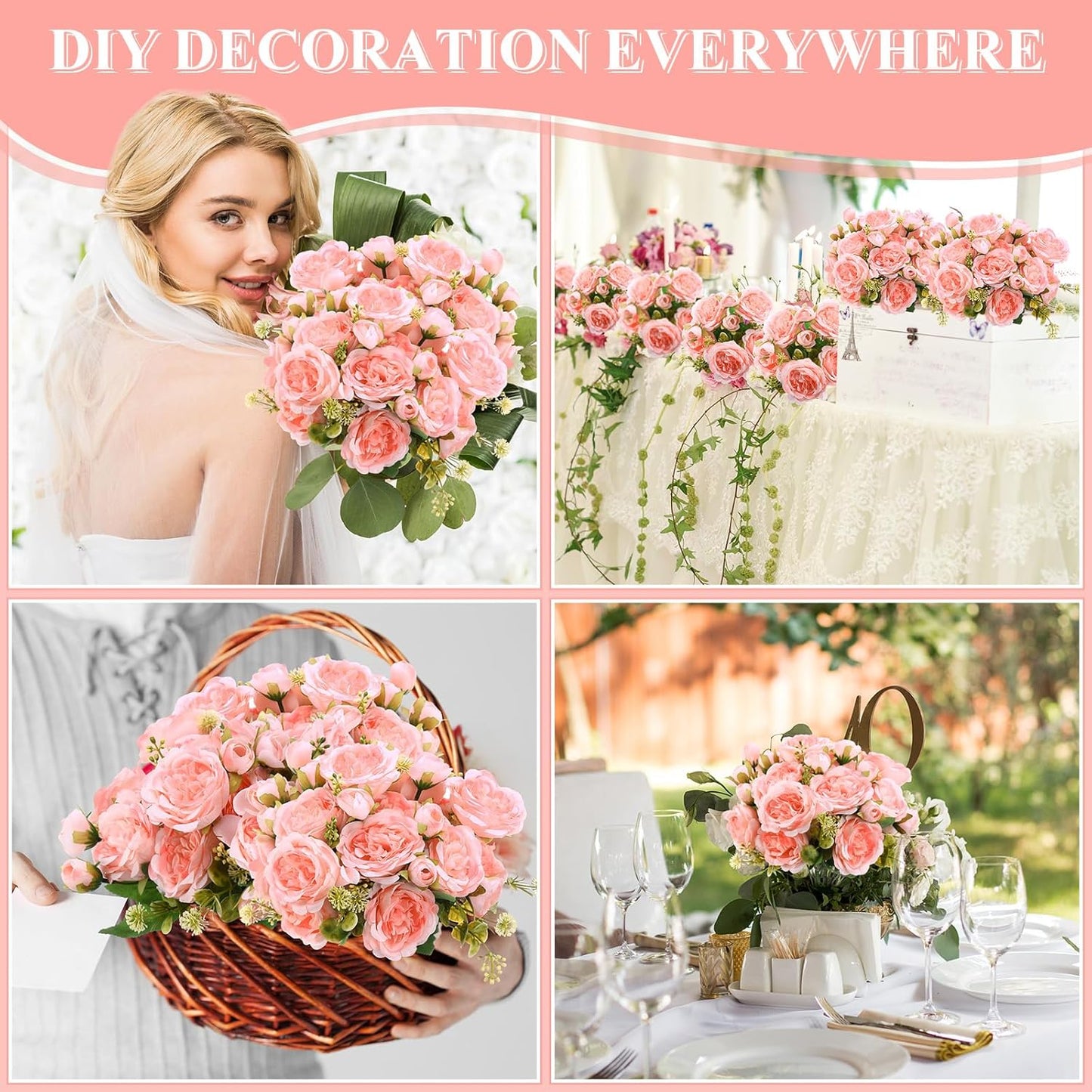 8 Bundles Artificial Peonies Flowers Boho Faux Flowers Arrangements Artificial Centerpiece Spring Bouquet Floral Wedding Decoration for Vase(Light Pink)