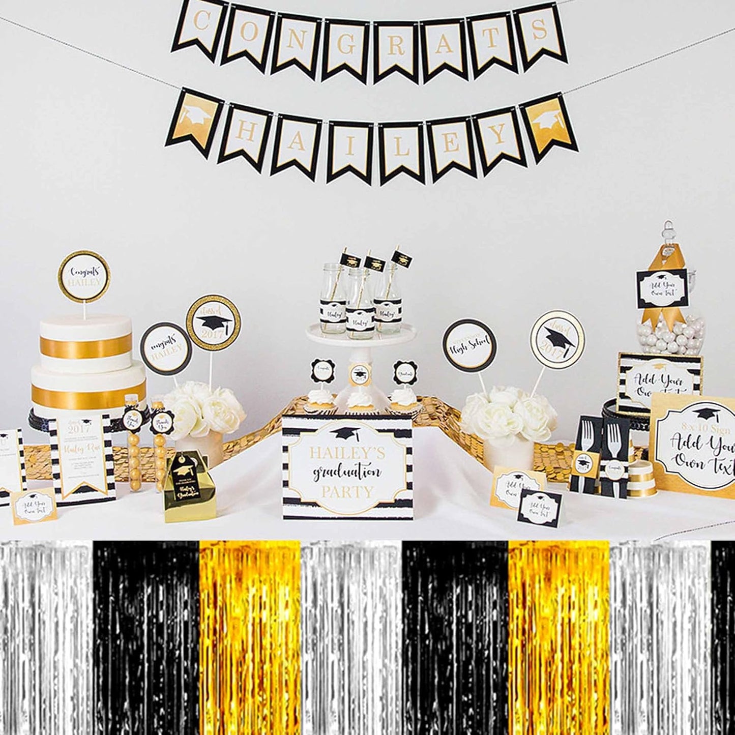 3 Pack 29 x108 Inch Black Gold Silver Foil Fringe Table Skirts Metallic Banner for Tinsel Streamer Garland Backdrop for Parade Floats Mother's Day, Graduate, Birthday, Wedding Party Decoration