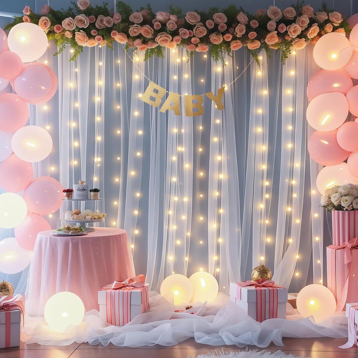 10x10ft White Tulle Backdrop Curtain with Lights String for Parties Wedding Twinkle Sheer Backdrop Curtains for Bridal Shower Birthday Party Baby Shower Photo Booth Decorations