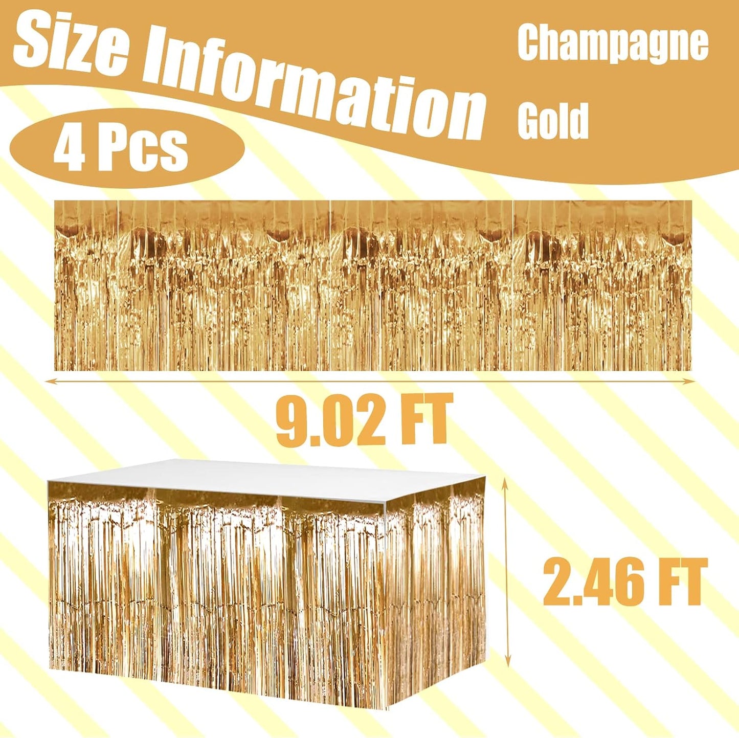 4 Pack 29x108 Inch Metallic Foil Fringe Tinsel Table Skirts for Rectangle Tables Streamer Curtains Backdrop for Christmas, Birthday, Parade Floats, Halloween Party Supplies(Champagne Gold)