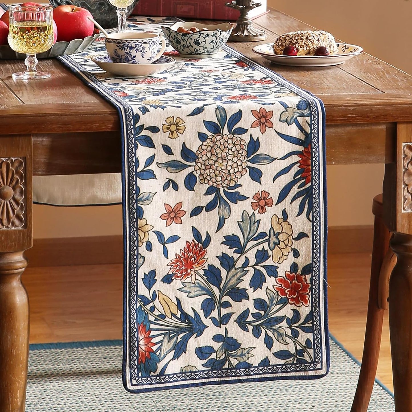 patdrea Designer Blue Cottage Rustic Floral Patterned Linen Table Runner 87 Inch Long,Wrinkle Resistant Table Mat,Decoration for Kitchen Dining and Coffee Tables Banquet Christmas , 12"x87"