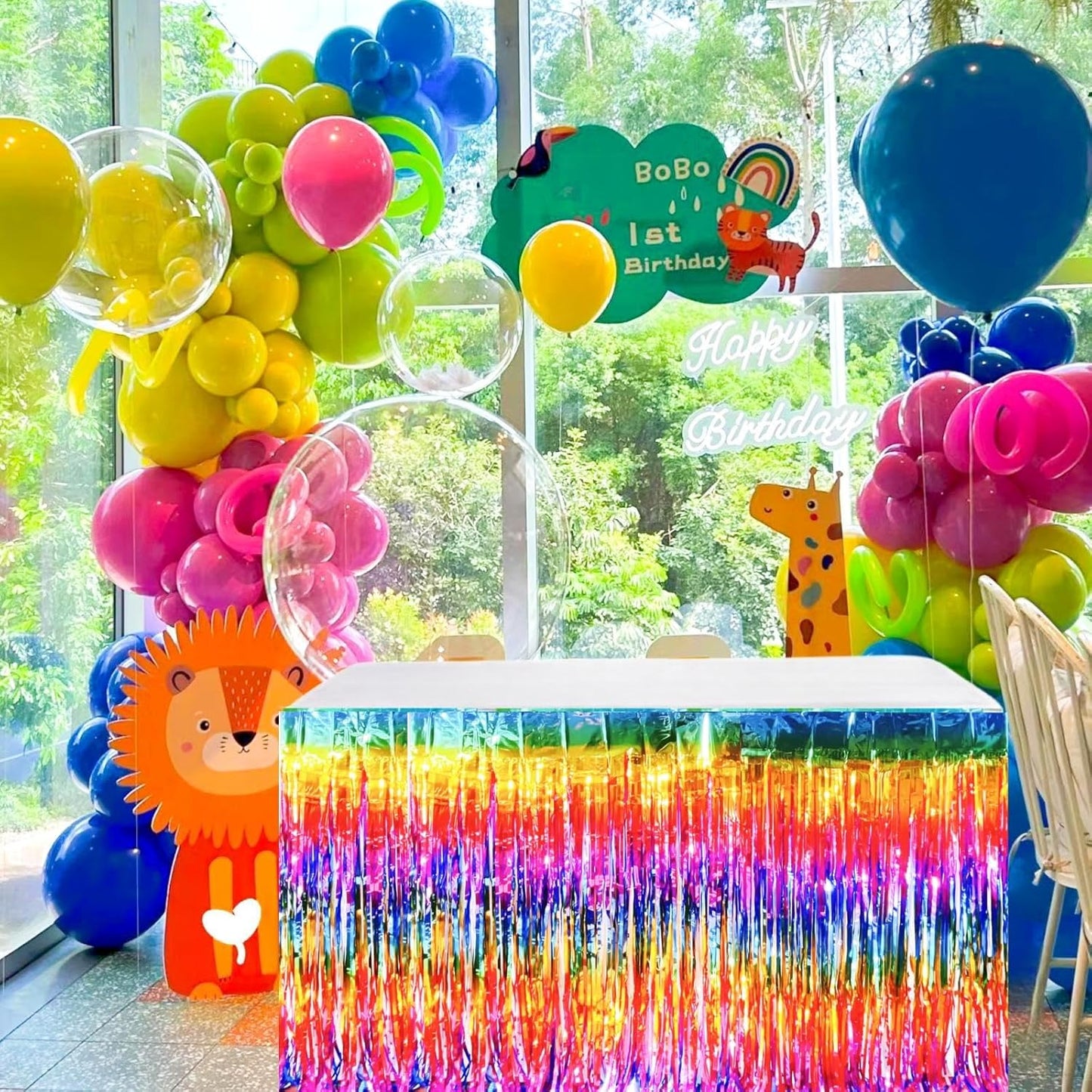 Rainbow Streamers Party Decorations, 2 Packs Gradient Rainbow Table Skirts Metallic Foil Fringe Tinsel for Birthday Unicorn Pride Gay Fiesta Graduation Float Parade Party Supplies - 29x108 Inch