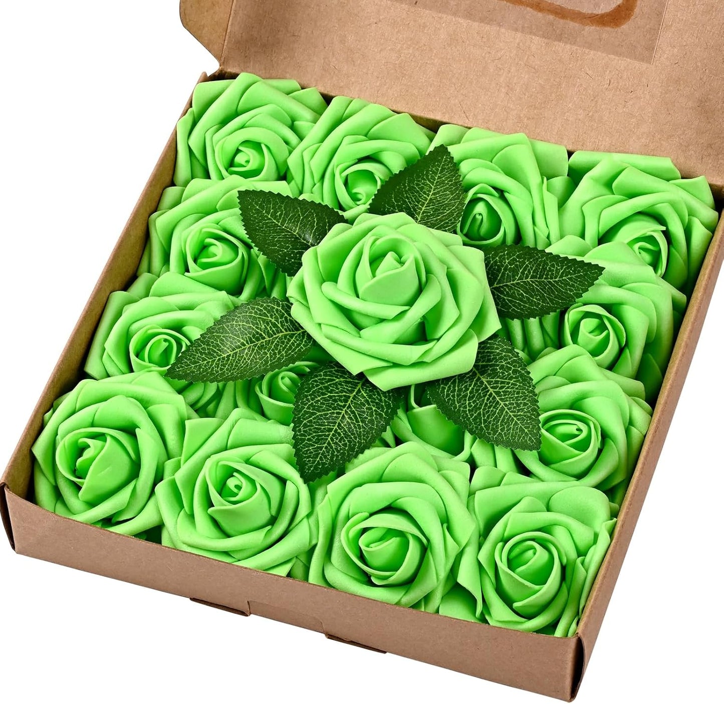 BLEUM CADE 16Pcs Artificial Flowers Fake Roses with Stems, Bright Green Boxed Foam Roses for DIY Bouquets Centerpieces Wedding Party Arrangement Bridal Shower Decor