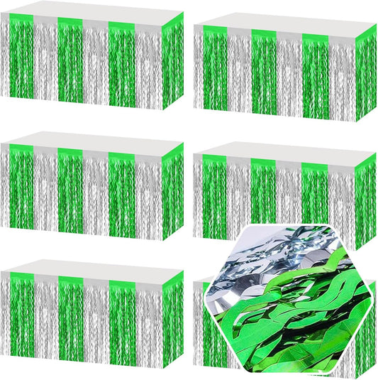 6 Pack 29 x108 Inch Silver Greenange Wave Foil Fringe Table Skirts Metallic Banner for Tinsel Streamer Garland Backdrop for Parade Floats, Mother's Day, Easter, Wedding, Birthday Party Decoration