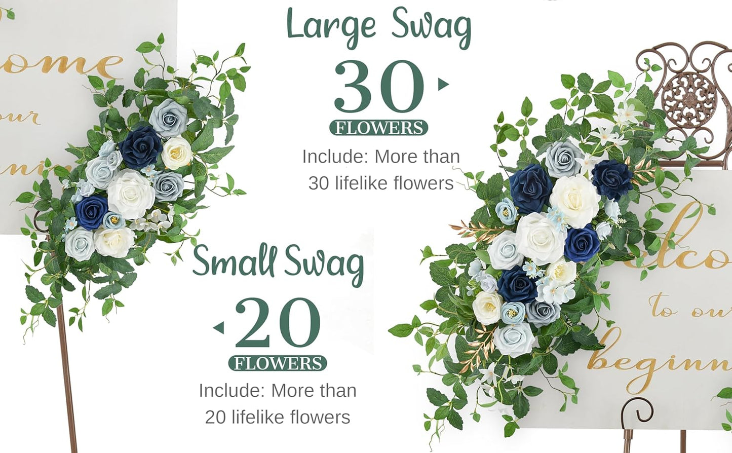 Arch Flower Kit of 2 - Artificial Floral Swag for Wedding Welcome Sign, Reception Ceremony Signs, Chair Decor (Dusty Blue & Ivory)