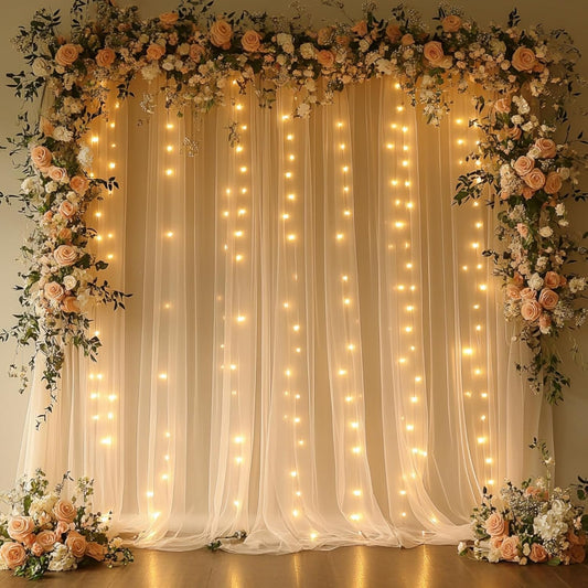 10x10ft Champagne Tulle Backdrop Curtain with String Lights, Wrinkle-Free Sheer Wedding Backdrop for Birthday Parties, Baby Shower, Bridal Shower, Photo Shoots and Home Decorations, Champagne
