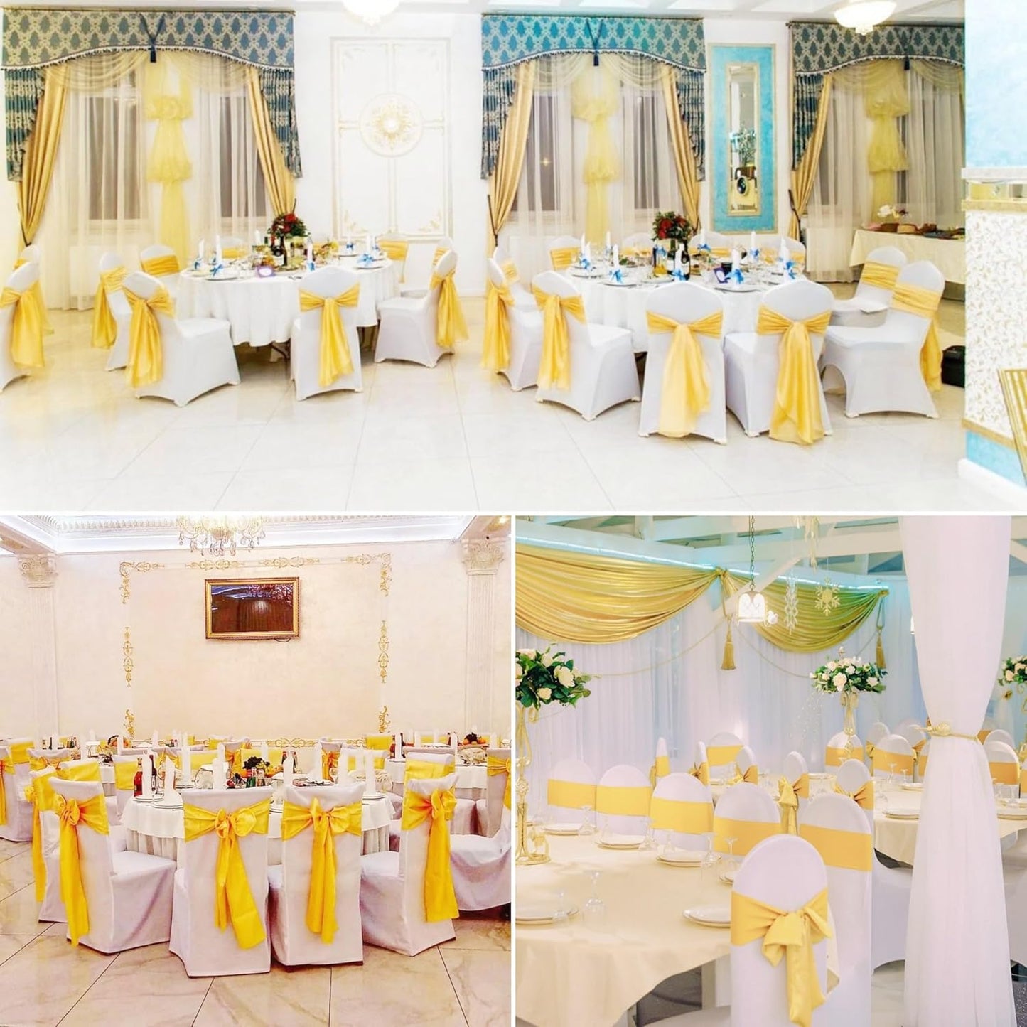 100 PCS Satin Chair Sashes Decorative Bows Satin Chair Sashes Ties Back Ribbon Bows Chairs Cover Band for Wedding Party Ceremony Reception Events Banquet Restaurant Home Kitchen Decor(7x108inch,Gold)