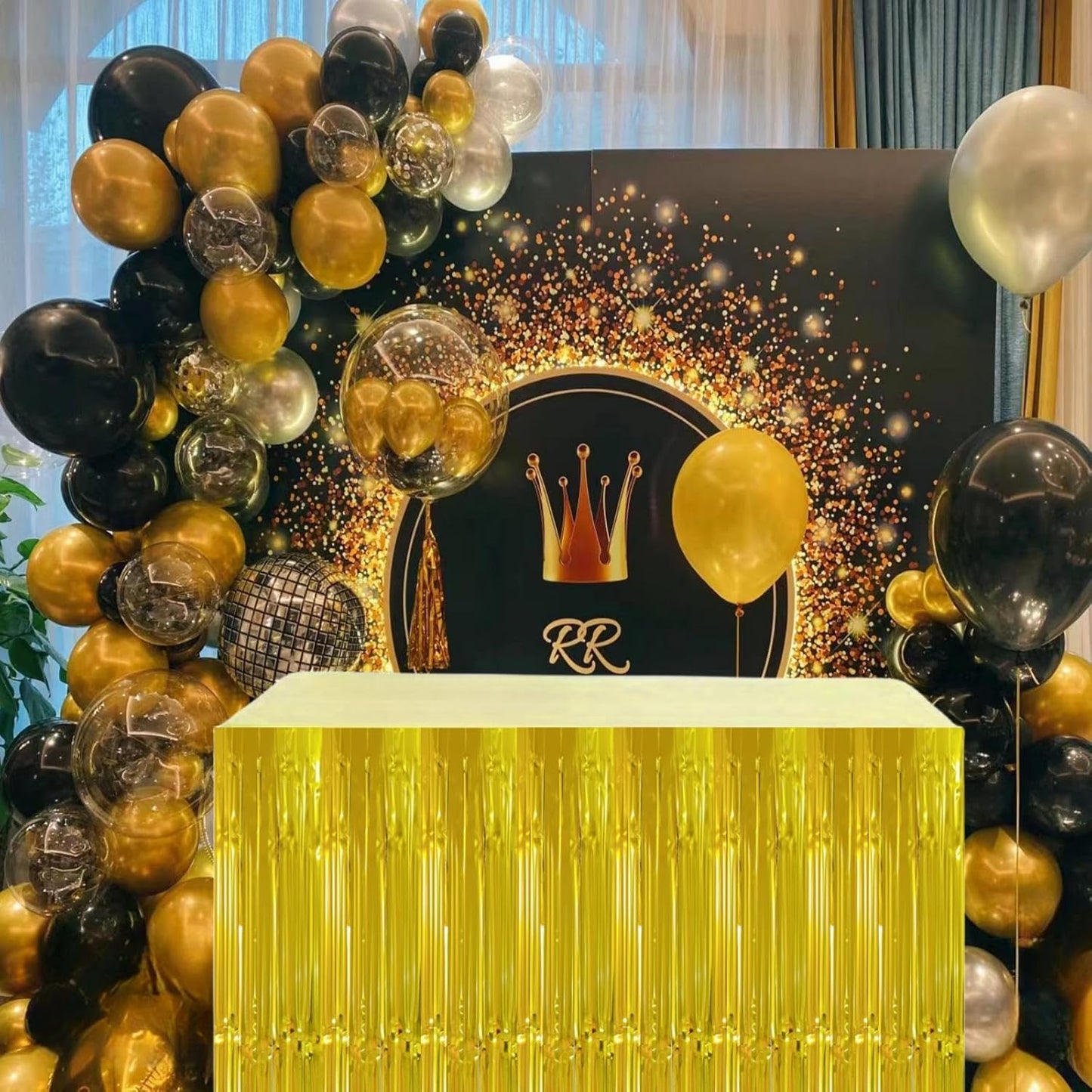 Gold Streamers Party Decorations, 2 Packs Gold Table Skirts Metallic Foil Fringe Tinsel for Birthday Float Parade Mardi Gras Graduation Party Supplies -29x108Inch