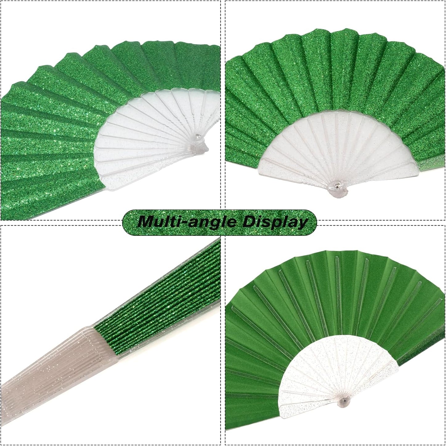 12 Pack Handheld Fan,Folding Hand Glitter fan with Shining Transparent Fan Rib – Ideal for Wedding, Church, Festival, Dance, Tea Party, Club, and EDM Accessories, Light green