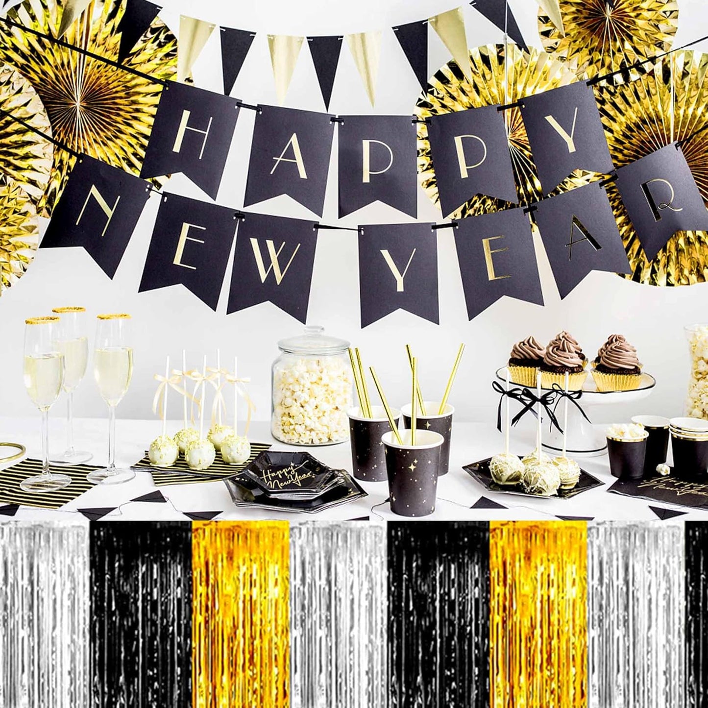 3 Pack 29 x108 Inch Black Gold Silver Foil Fringe Table Skirts Metallic Banner for Tinsel Streamer Garland Backdrop for Parade Floats Mother's Day, Graduate, Birthday, Wedding Party Decoration