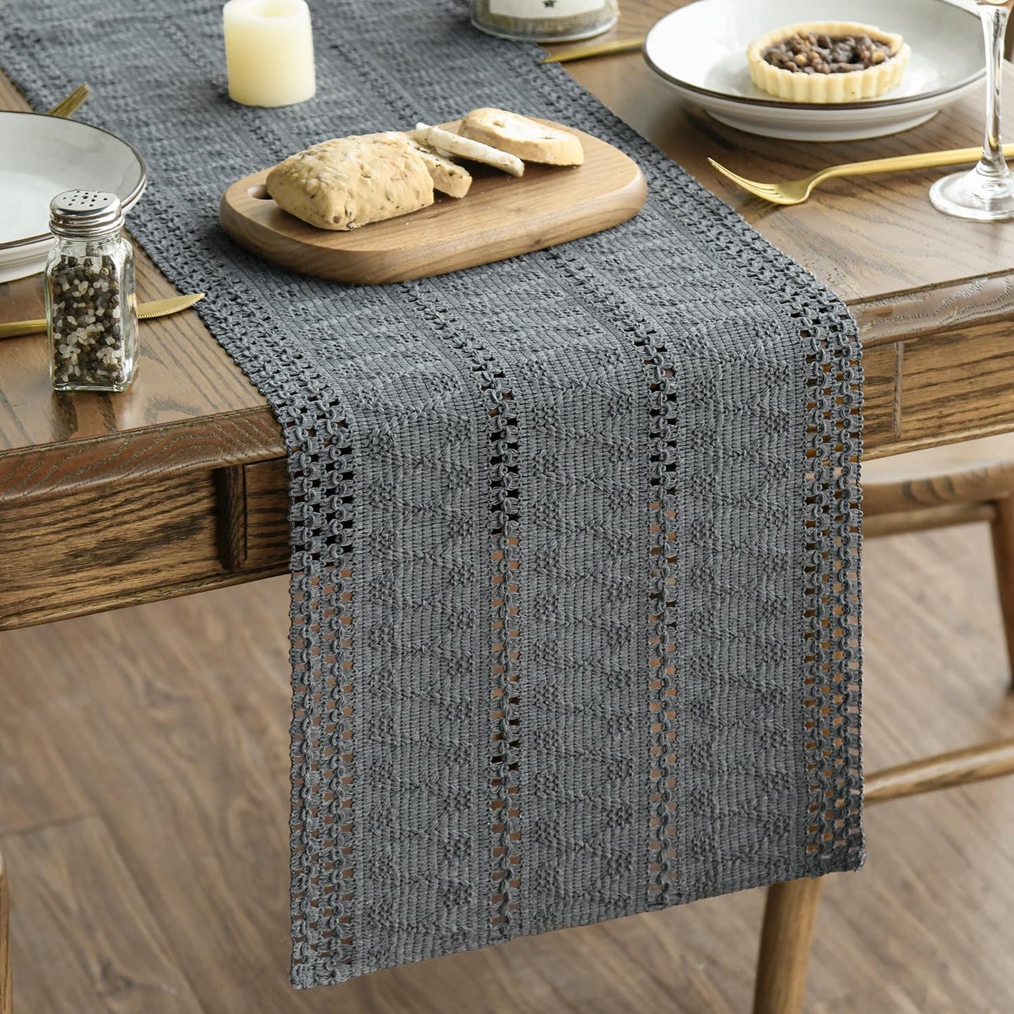 Artoid Mode Dark Grey Farmhouse Woven Rustic Hollow Table Runner, Seasonal Holiday Hollow Kitchen Dining Table Decoration for Home Party Decor 12x90 Inch