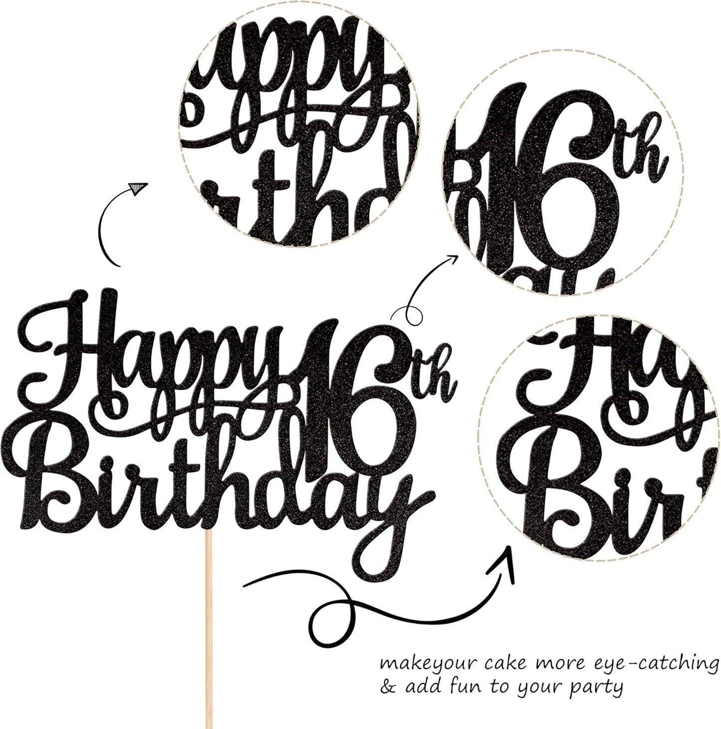 1 PCS Happy 16th Birthday Cake Topper Glitter Cheers to 16 Years Birthday Cake Pick Sweet 16 Fabulous Cake Decoration for Happy 16th Birthday Theme Party Decorations Supplies Black