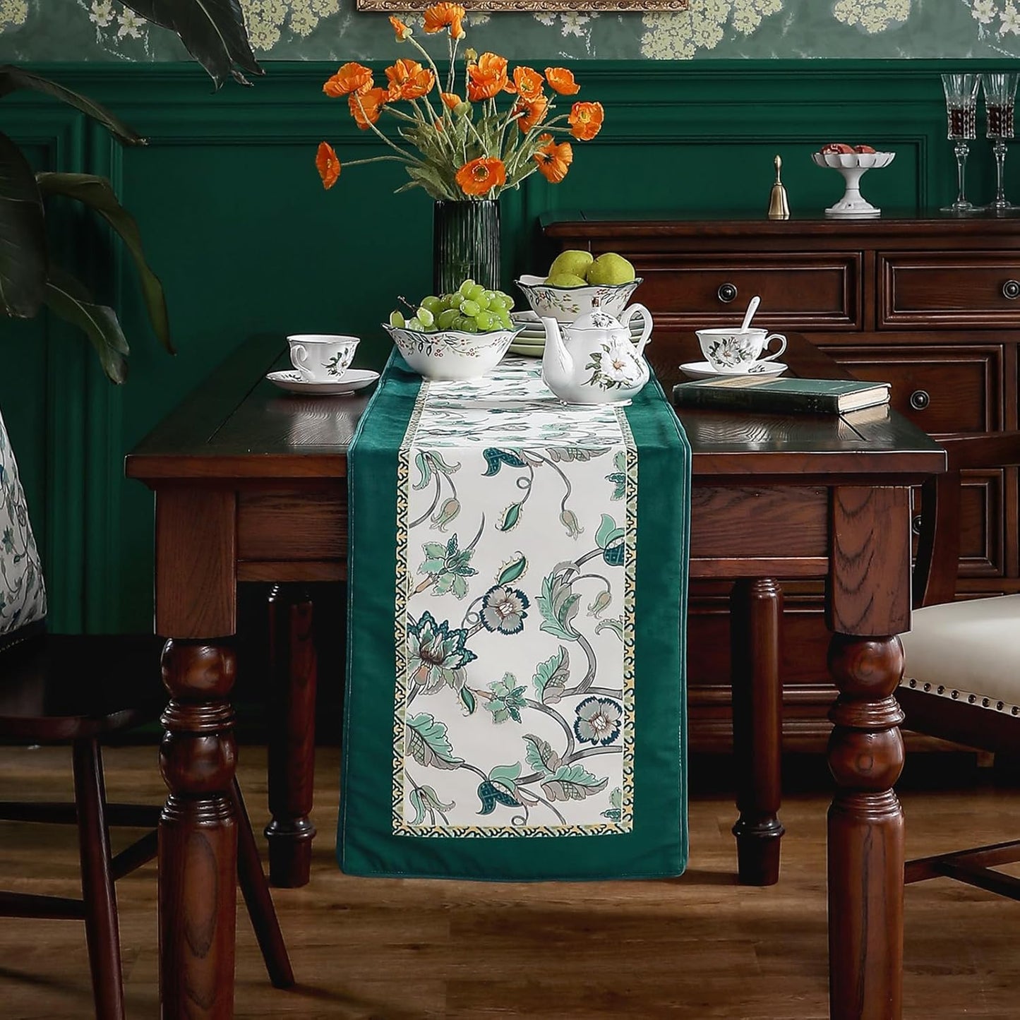 patdrea Designer Elegant French Floral Velvet Table Runner, Teal with Blossoms Pattern Table Mat, Decoration for Kitchen Dining Coffee Table Shelf Cabinet Banquet Thanksgiving,12"*102"