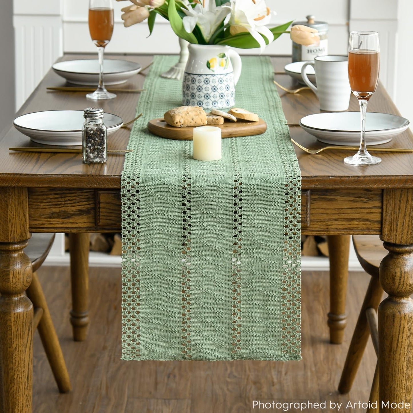 Artoid Mode Light Green Farmhouse Woven Rustic Hollow Table Runner, Seasonal Holiday Hollow Kitchen Dining Table Decoration for Home Party Decor 12x48 Inch