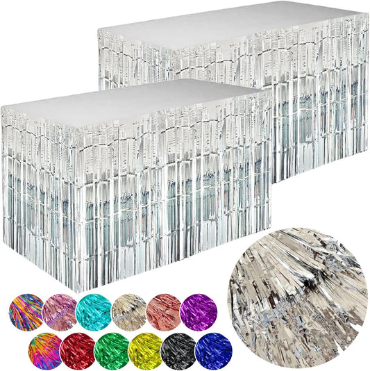 Silver Streamers Party Decorations, 2 Packs Silver Table Skirts Metallic Foil Fringe Tinsel for Birthday Disco Bachelorette Baby Shower Wedding Graduation Float Parade Party Supplies - 29x108 Inch