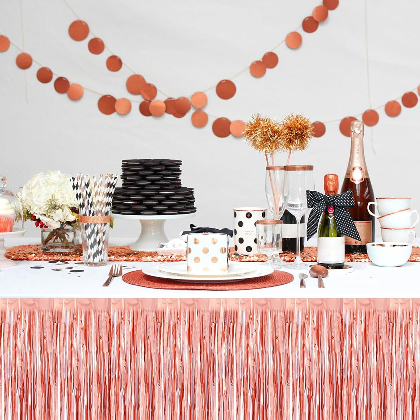 3 Pack 29x108 Inch Rose Gold Foil Fringe Table Skirts Metallic Banner for Tinsel Streamer Garland Backdrop for Parade Floats Wedding Thanksgiving Birthday Christmas Halloween Party Decoration