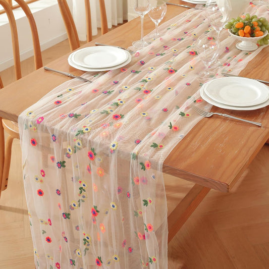 Champagne Embroidery Daisy Fall Table Runner 120Inch 10FT Florals Soft Sheer Tulle Fabric Table Runner for Home Decor, Brithday, Wedding, Baby Shower ,Holiday ,Parties, DIY Craft,3PC