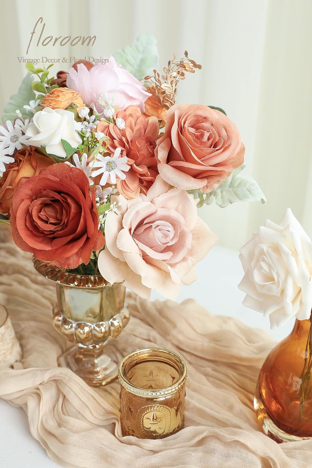 Floroom Terracotta Artificial Flowers Burnt Orange Fake Roses Peonies Dahlias and Greenery Combo Box Set for DIY Wedding Bouquets Bridal Shower Centerpieces Floral Arrangements Party Tables Decoration