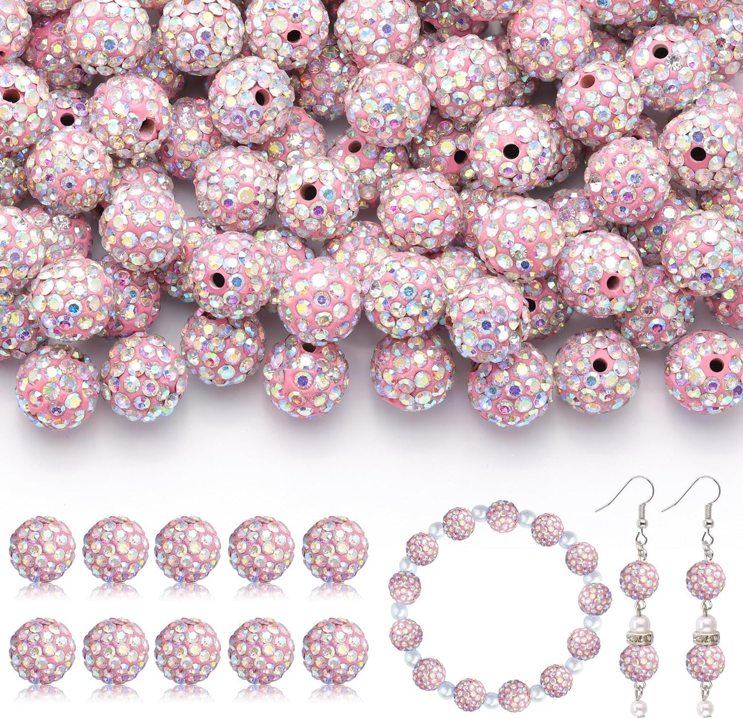105pcs 10mm Rhinestone Beads for Jewelry Making, Pink AB Shiny Round Disco Ball Beads Bulk, Sparkle Crystal Clay Christmas for Bracelet Baseball Necklace Earring Crafting and DIY