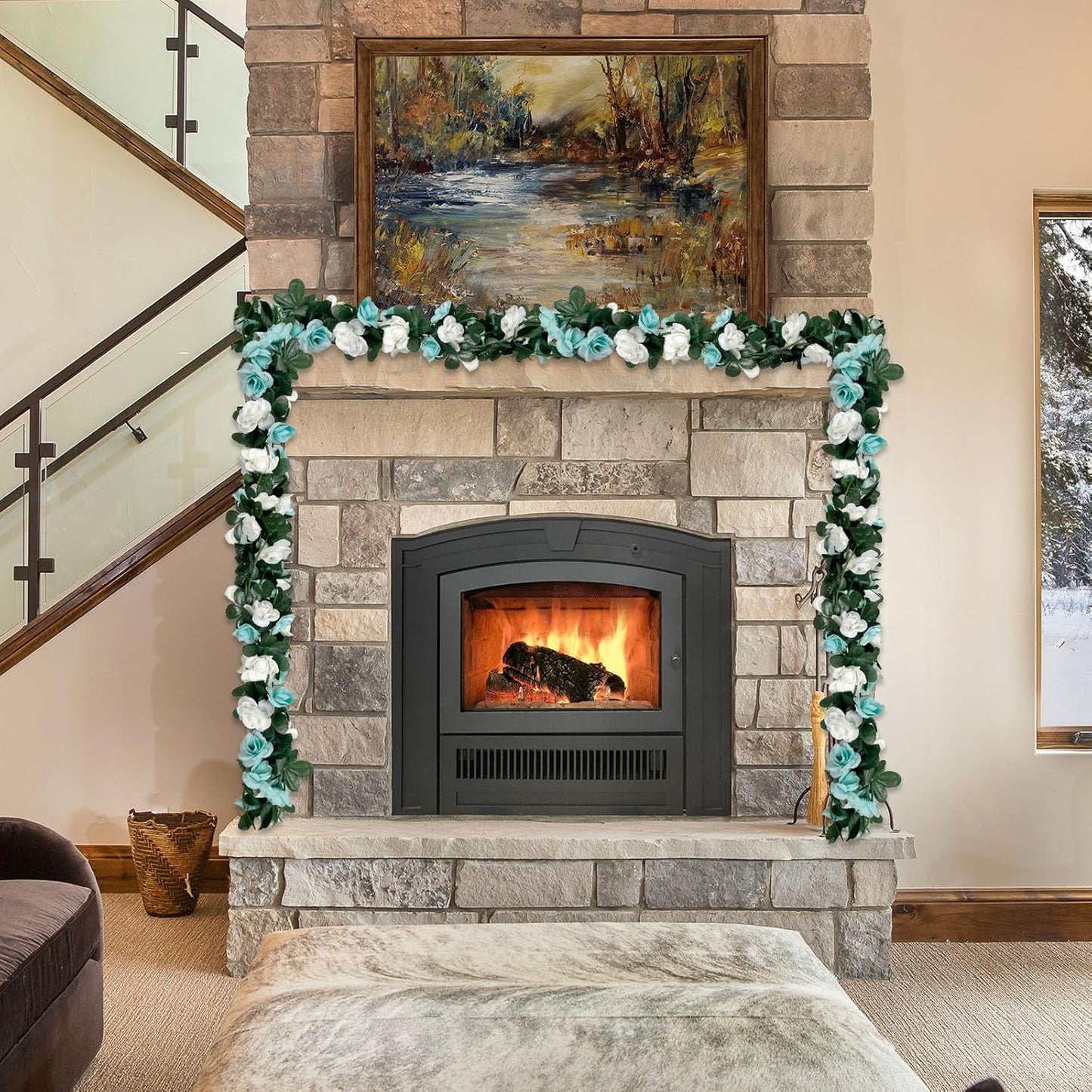 8Pcs 63Ft Teal&White Rose Garland, Fake Rose Hanging Flowers, Artificial Flower Vine, Hanging Floral Vine Garland for Wedding, Birthday Party, Wall Arch, Halloween, Christmas Garden Backdrop Decor