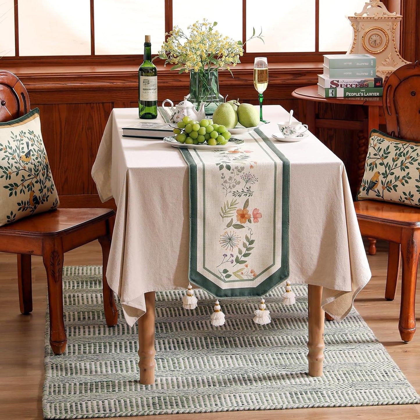 Designer Linen Table Runner,French Farmhouse Shabby Chic Floral Pattern 87 Inches Long Wrinkle Free Table Runners,Decor Tabletop for Kitchen,Dining,Party,Home,Christmas,12"*87"