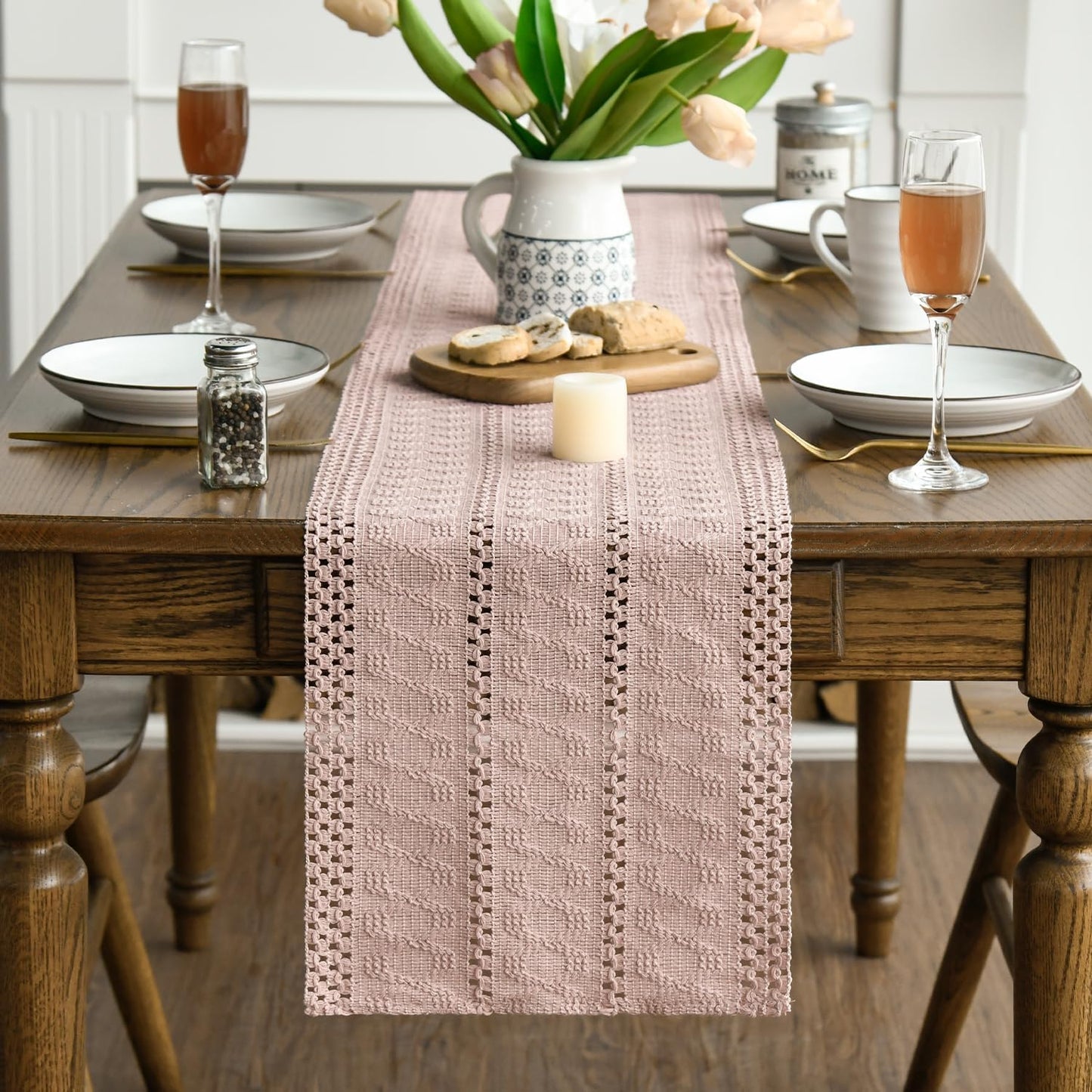 Artoid Mode Pink Farmhouse Woven Rustic Hollow Table Runner, Seasonal Holiday Hollow Kitchen Dining Table Decoration for Home Party Decor 12x60 Inch
