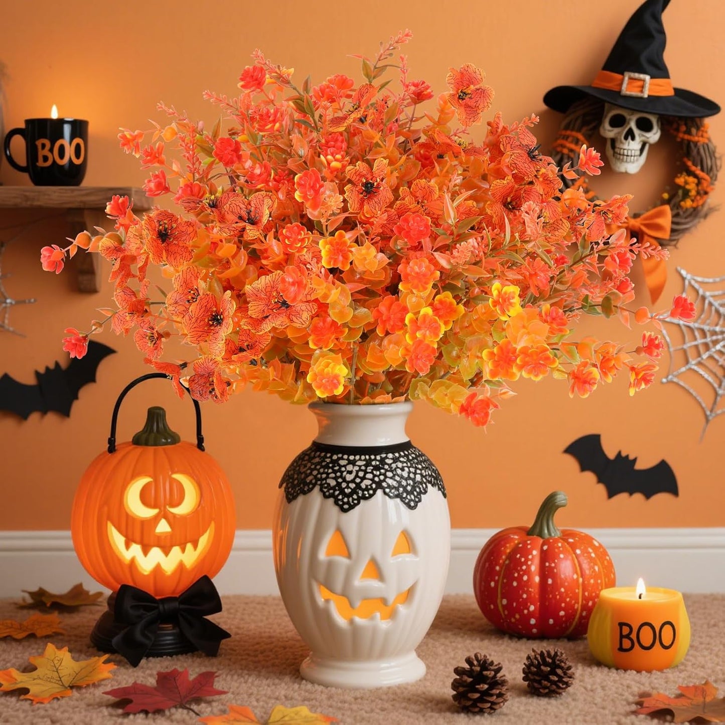 AmyHomie 16 Bundles Mix Orange Artificial Fall Flowers for Outdoor Fall Decor UV Resistant Fake Mums No Fade Fake Plastic Plants Garden Porch Window Box Decorating