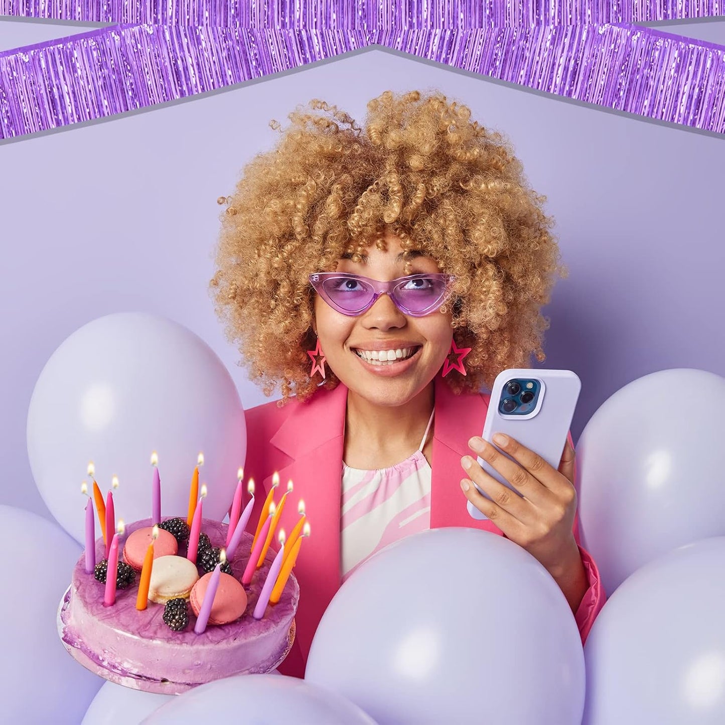 10 Pack 10 Feet Foil Fringe Garland Metallic Tinsel Streamers Banner Wall Hanging Curtain Backdrop for Parade Floats, Wedding, Disco, Birthday, Halloween, Christmas Party Decorations(Light Purple)