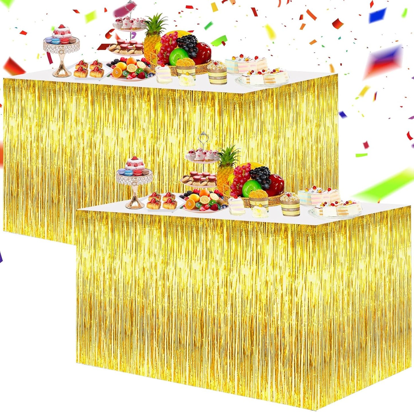 BEISHIDA 2 Pack Gold Metallic Tinsel Foil Fringe Table Skirts - Decors for Rectangle & Round Tables - Birthday & Holiday Party