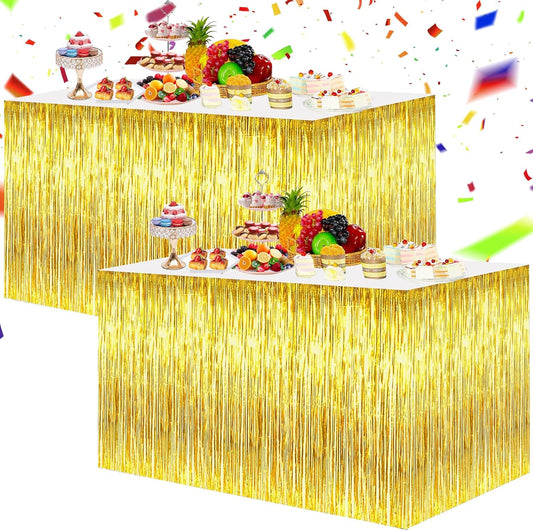 BEISHIDA 2 Pack Gold Metallic Tinsel Foil Fringe Table Skirts - Decors for Rectangle & Round Tables - Birthday & Holiday Party